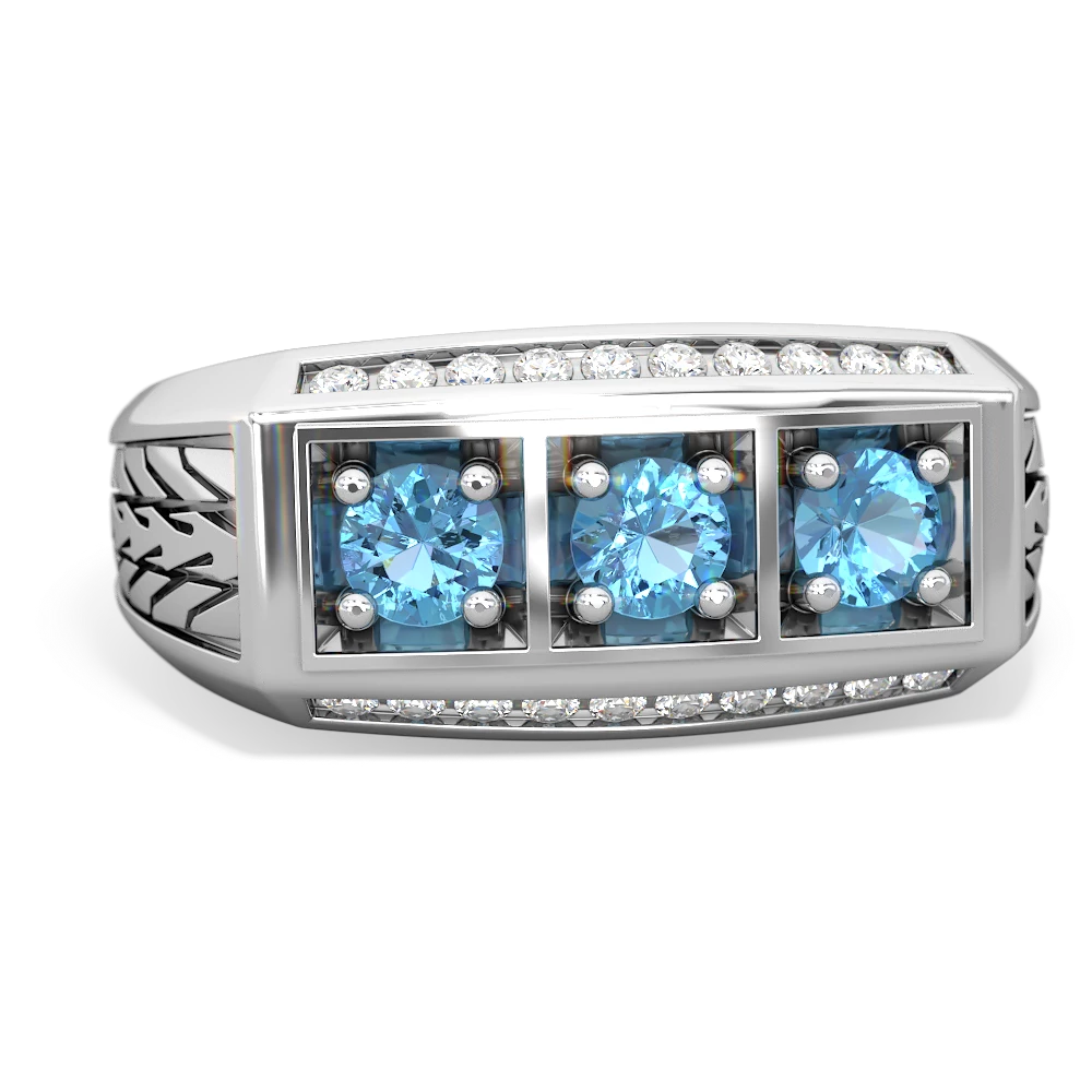 Blue Topaz Three Stone Tire Tread Men's 14K White Gold ring R0520