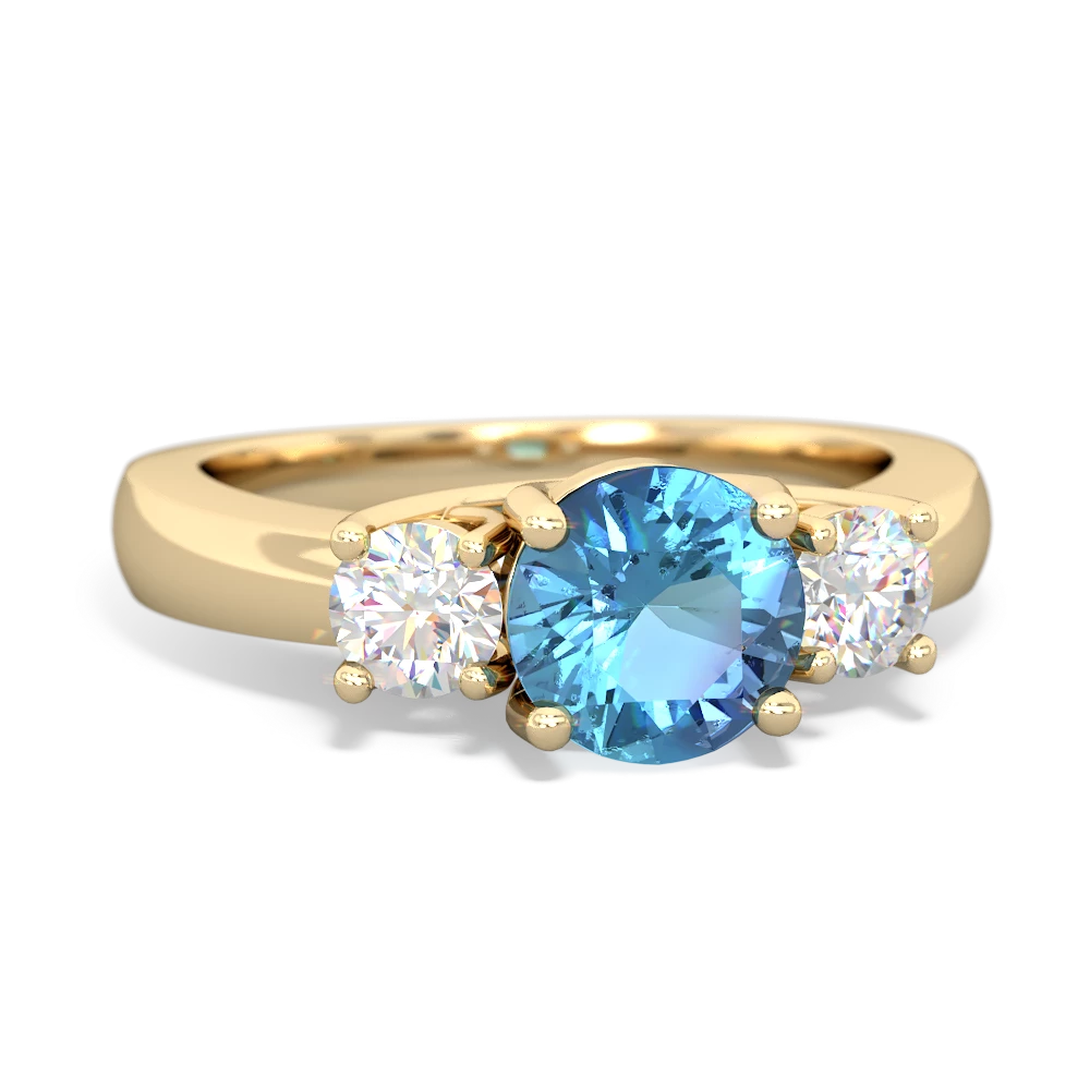 Blue Topaz Diamond Three Stone Round Trellis 14K Yellow Gold ring R4018