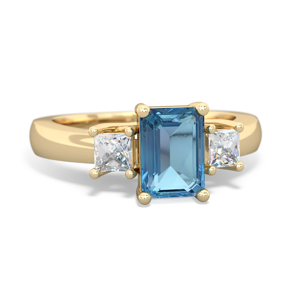 Blue Topaz Diamond Three Stone Emerald-Cut Trellis 14K Yellow Gold ring R4021