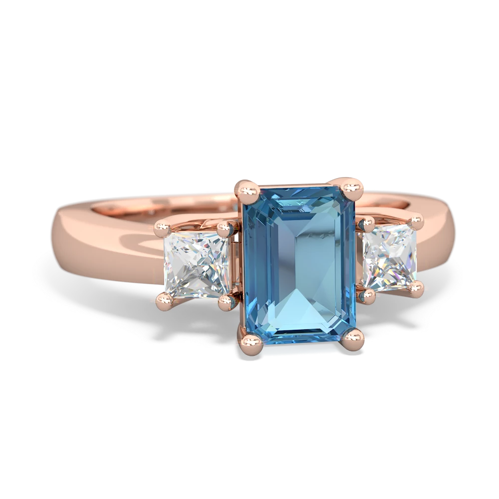 Blue Topaz Diamond Three Stone Emerald-Cut Trellis 14K Rose Gold ring R4021