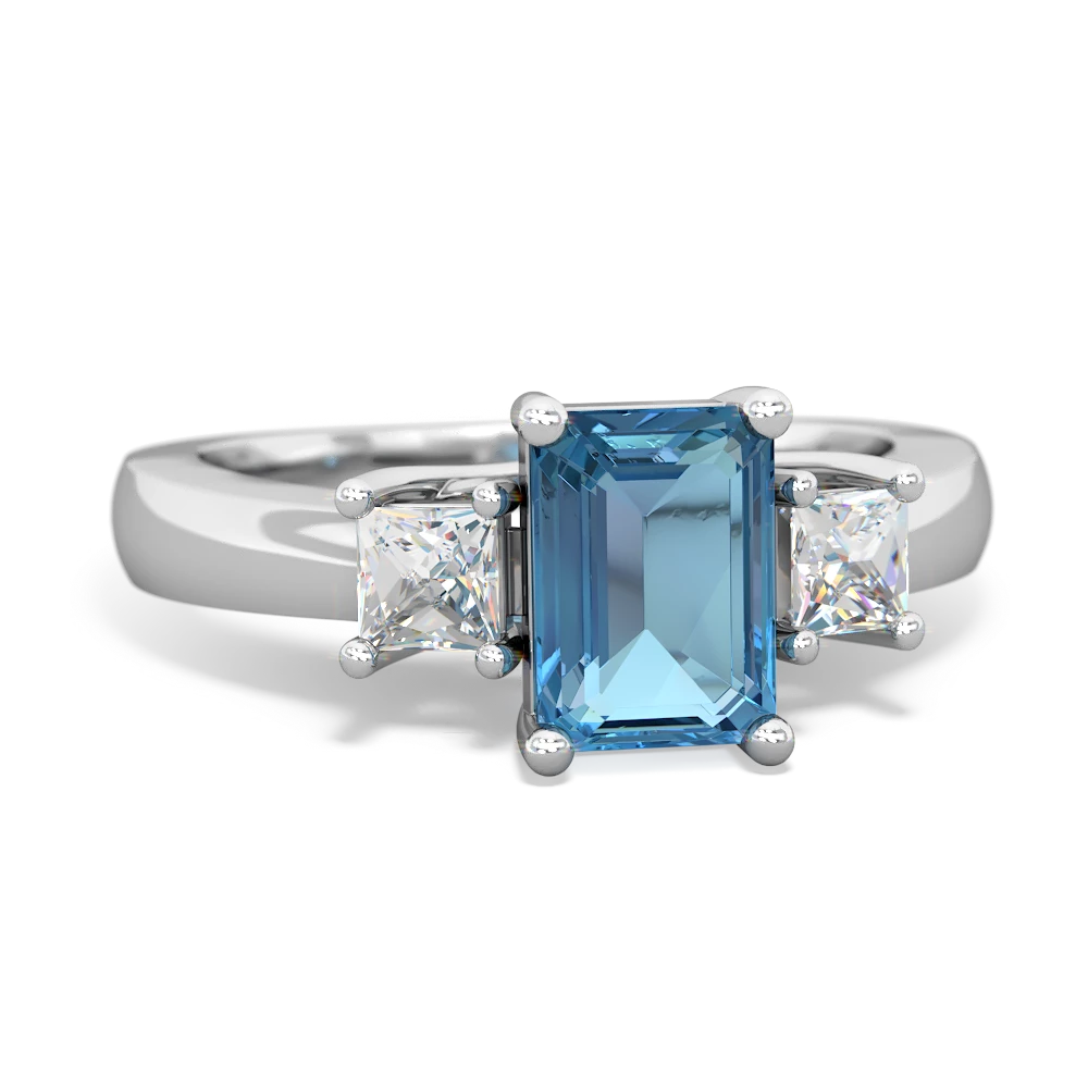 Blue Topaz Diamond Three Stone Emerald-Cut Trellis 14K White Gold ring R4021