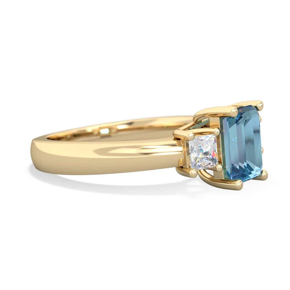 Blue Topaz Diamond Three Stone Emerald-Cut Trellis 14K Yellow Gold ring R4021
