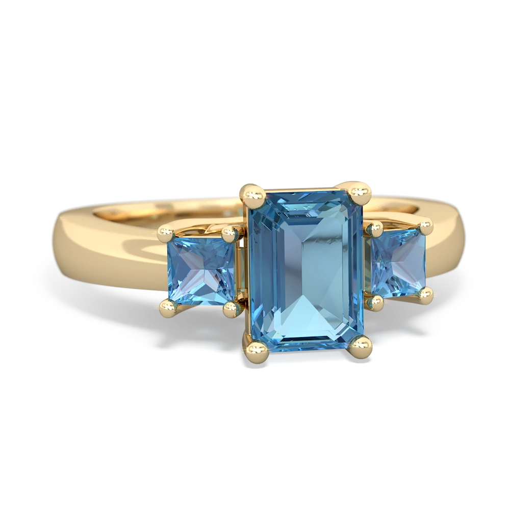 Blue Topaz Three Stone Emerald-Cut Trellis 14K Yellow Gold ring R4021