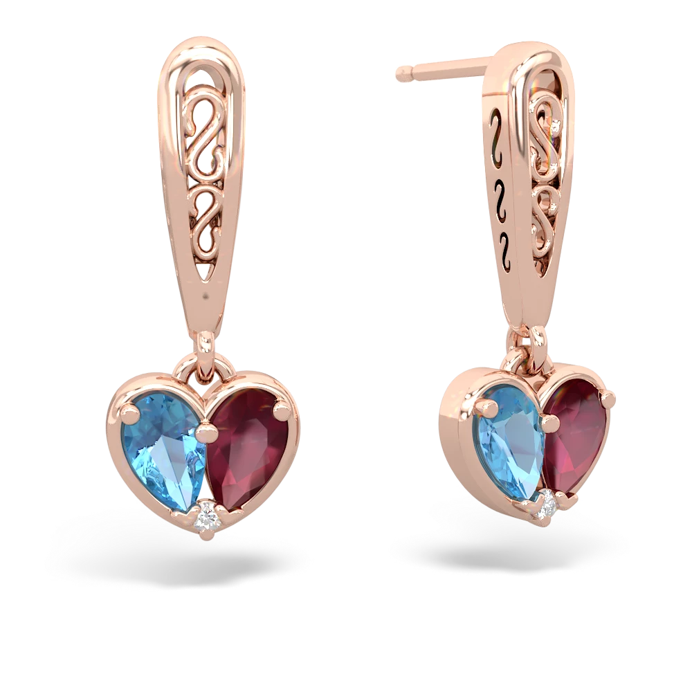 Blue Topaz Filligree Heart 14K Rose Gold earrings E5070