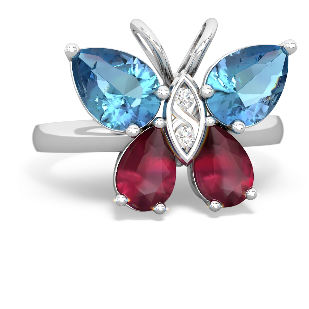 Blue Topaz Ruby Butterfly ring 14K White Gold JewelsForMe