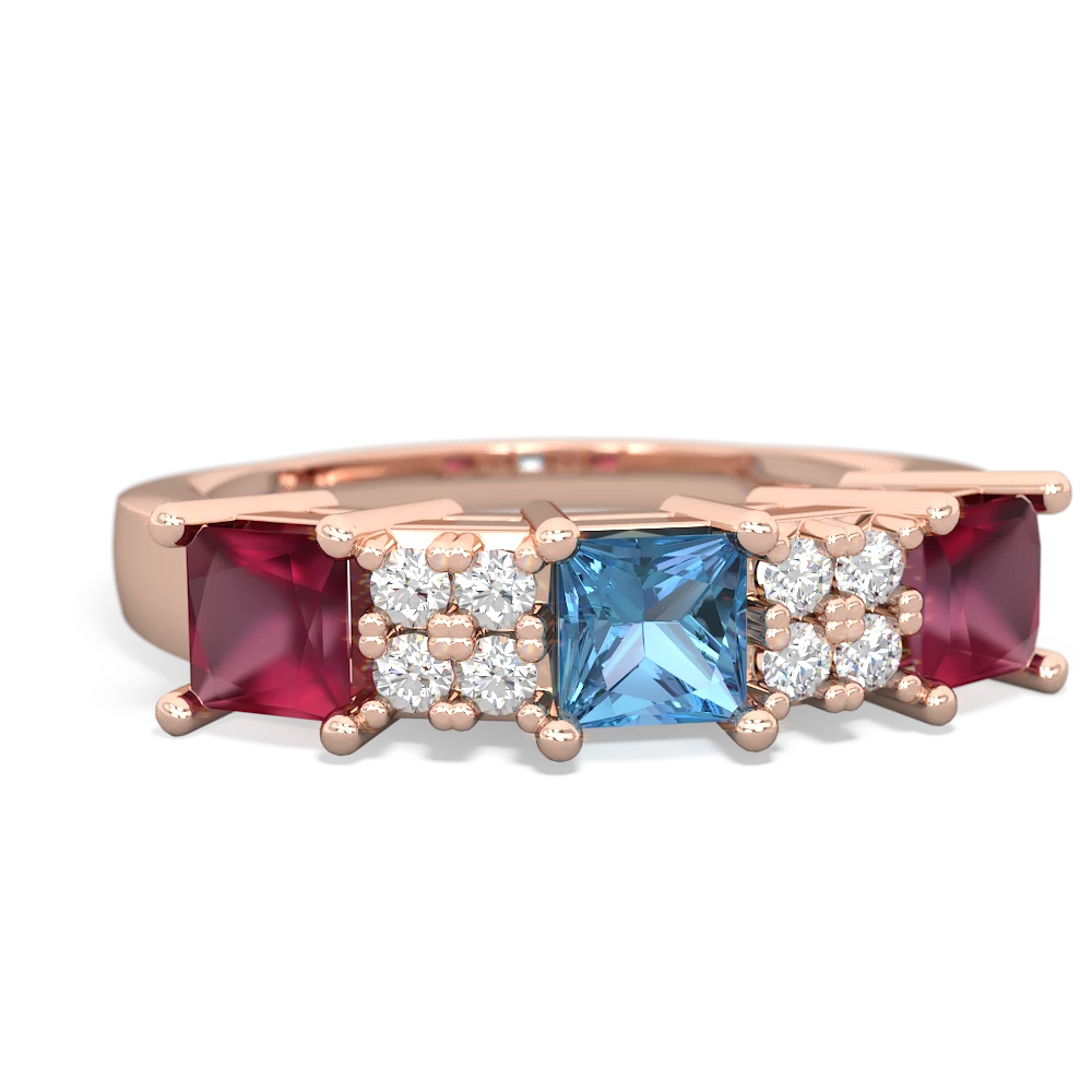 Blue Topaz Three Stone Diamond Cluster 14K Rose Gold ring R2592