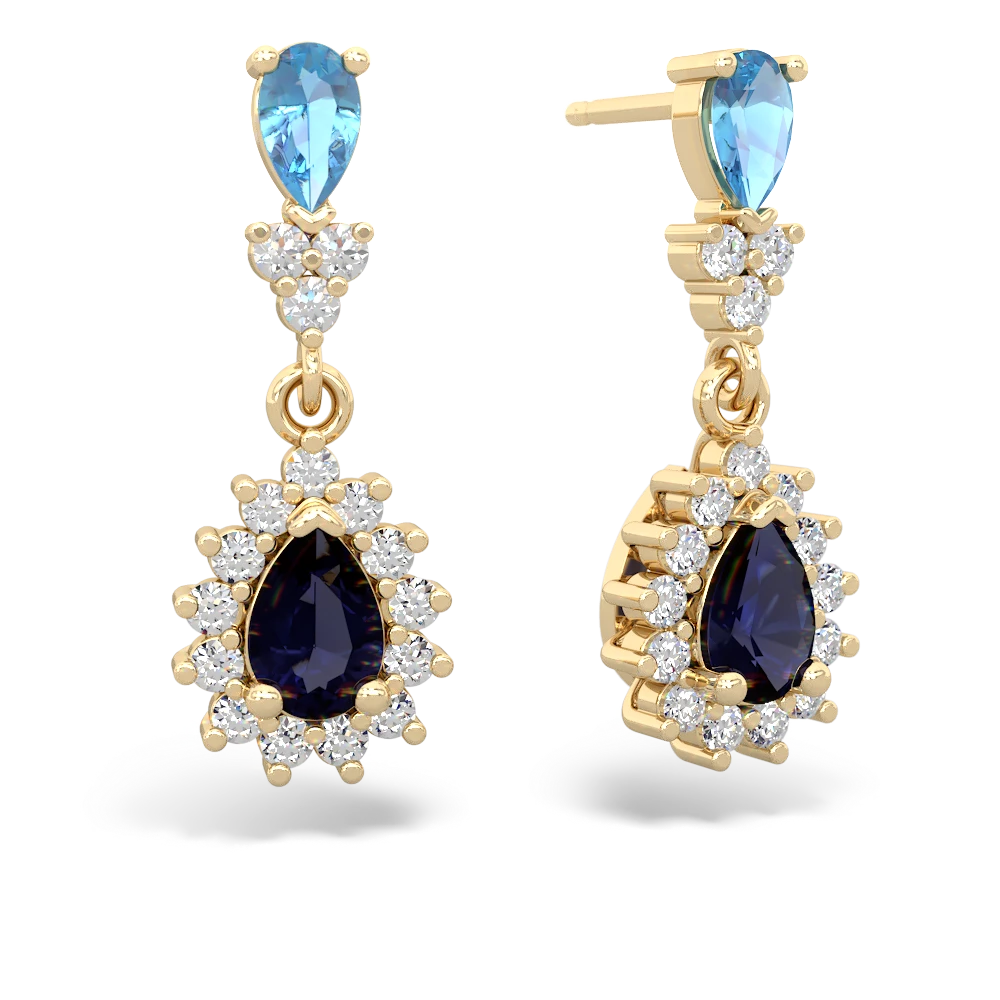 Blue Topaz Halo Pear Dangle 14K Yellow Gold earrings E1882