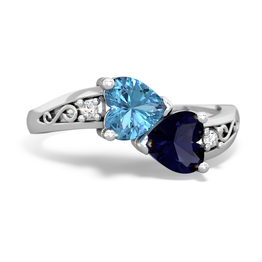 Blue Topaz Snuggling Hearts 14K White Gold ring R2178