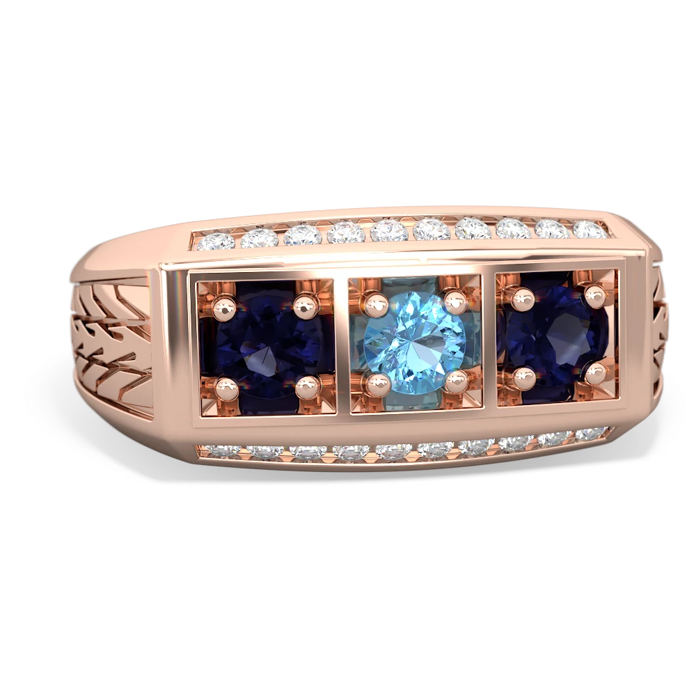 Blue Topaz Three Stone Tire Tread Men's 14K Rose Gold ring R0520