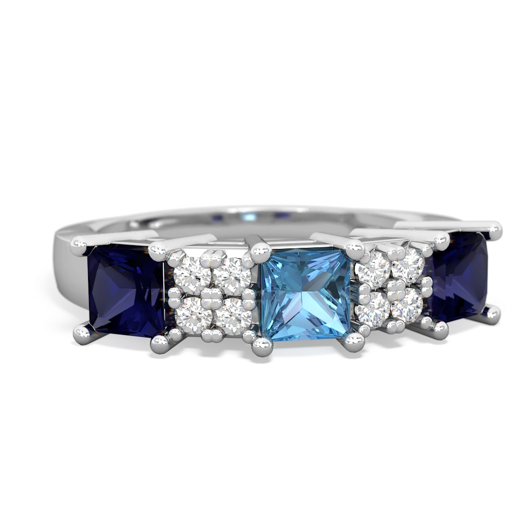 Blue Topaz Three Stone Diamond Cluster 14K White Gold ring R2592