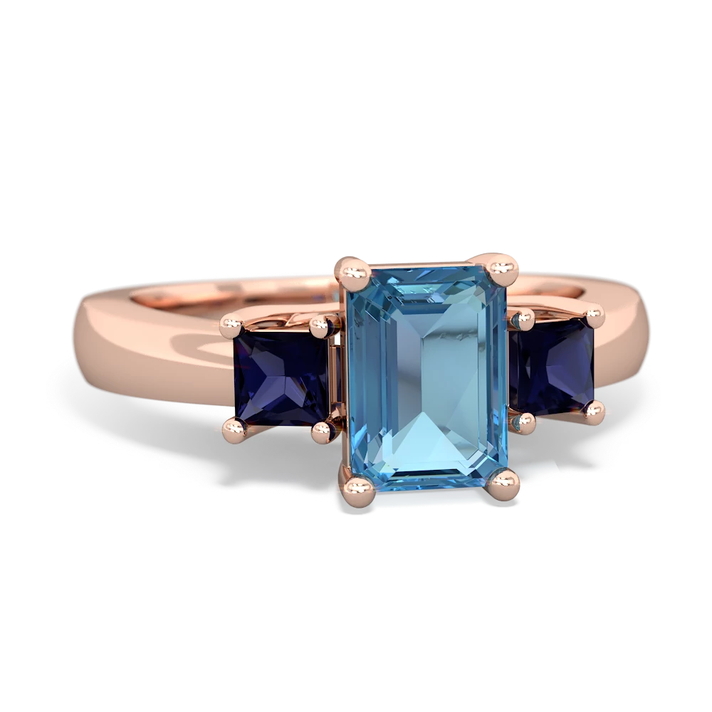 Blue Topaz Three Stone Emerald-Cut Trellis 14K Rose Gold ring R4021