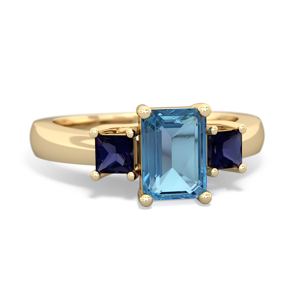 Blue Topaz Three Stone Emerald-Cut Trellis 14K Yellow Gold ring R4021