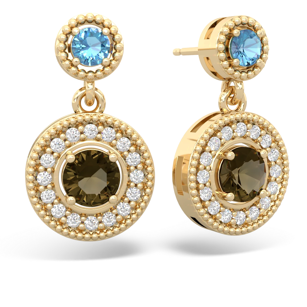 Blue Topaz Halo Dangle 14K Yellow Gold earrings E5319