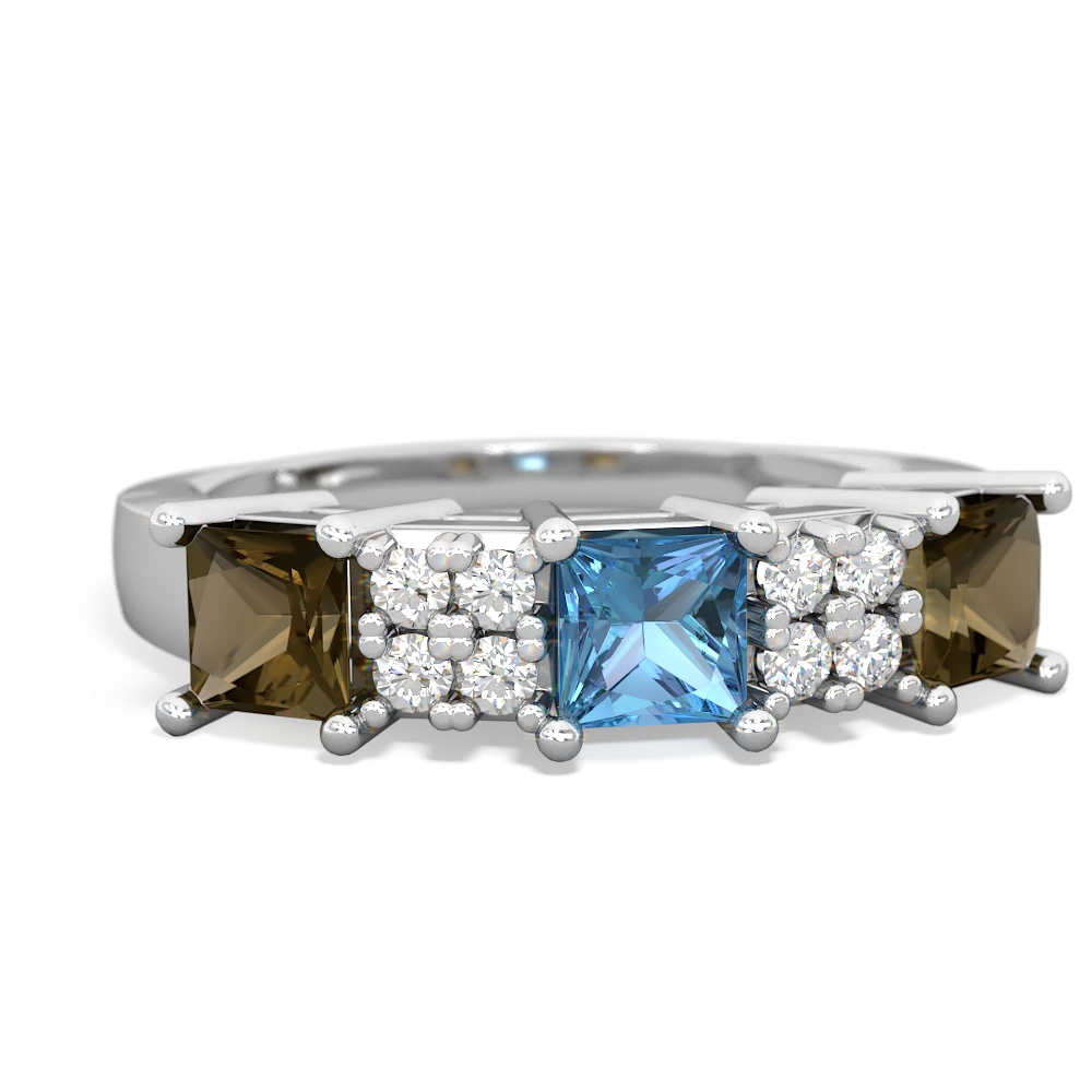 Blue Topaz Three Stone Diamond Cluster 14K White Gold ring R2592