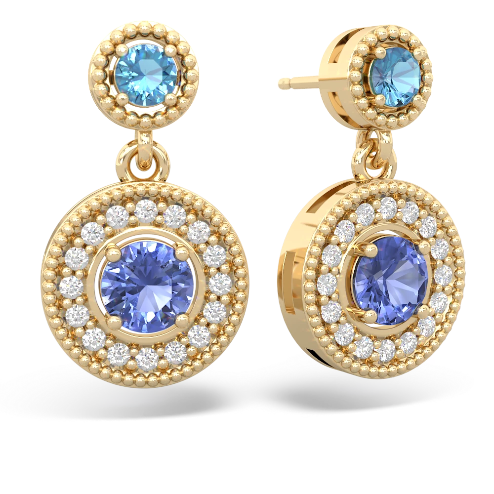 Blue Topaz Halo Dangle 14K Yellow Gold earrings E5319