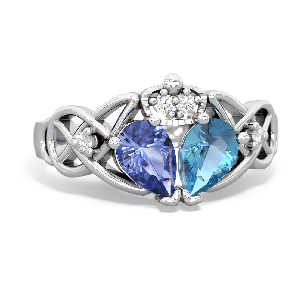 Blue Topaz 'One Heart' Celtic Knot Claddagh 14K White Gold ring R5322