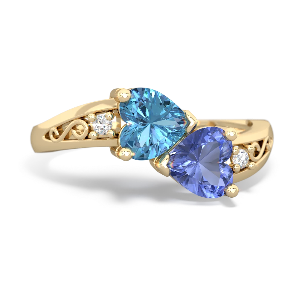 Blue Topaz Snuggling Hearts 14K Yellow Gold ring R2178