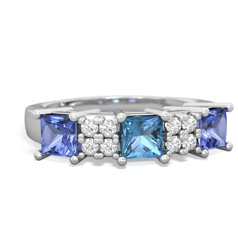 Blue Topaz Three Stone Diamond Cluster 14K White Gold ring R2592