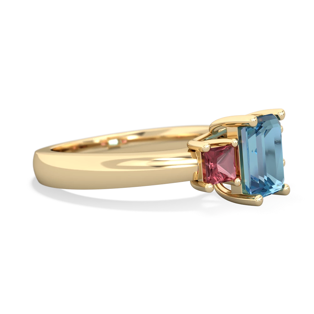 Blue Topaz Three Stone Emerald-Cut Trellis 14K Yellow Gold ring R4021