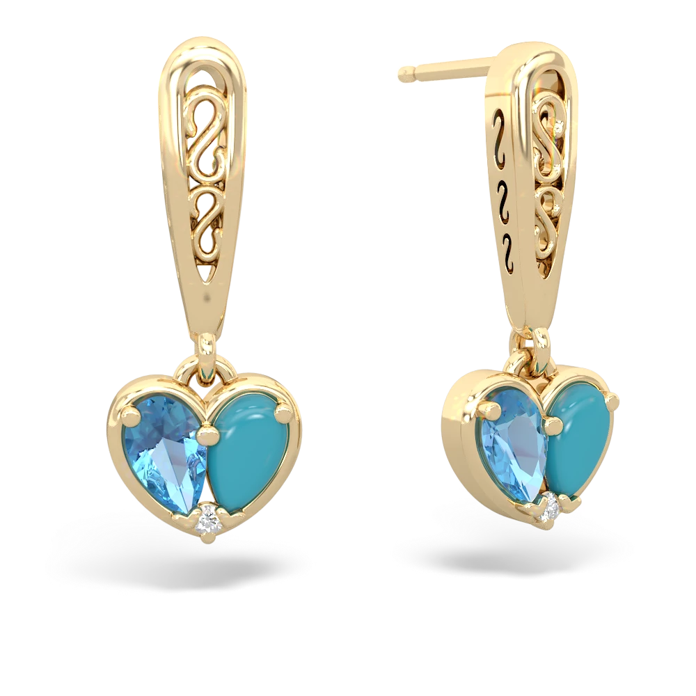 Blue Topaz Filligree Heart 14K Yellow Gold earrings E5070