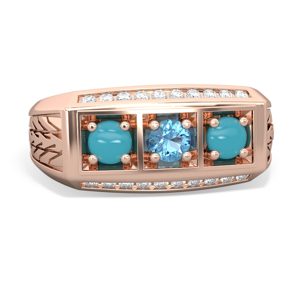 Blue Topaz Three Stone Tire Tread Men's 14K Rose Gold ring R0520