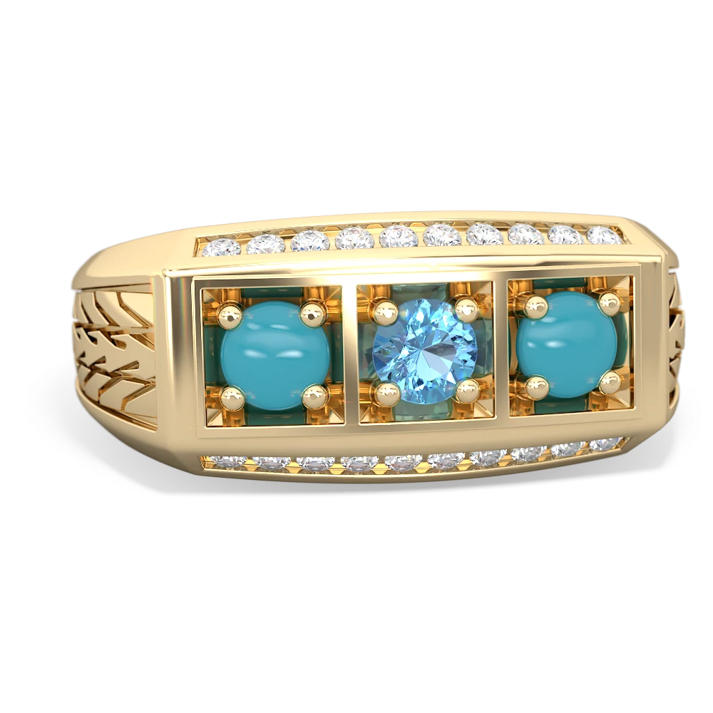 Blue Topaz Three Stone Tire Tread Men's 14K Yellow Gold ring R0520