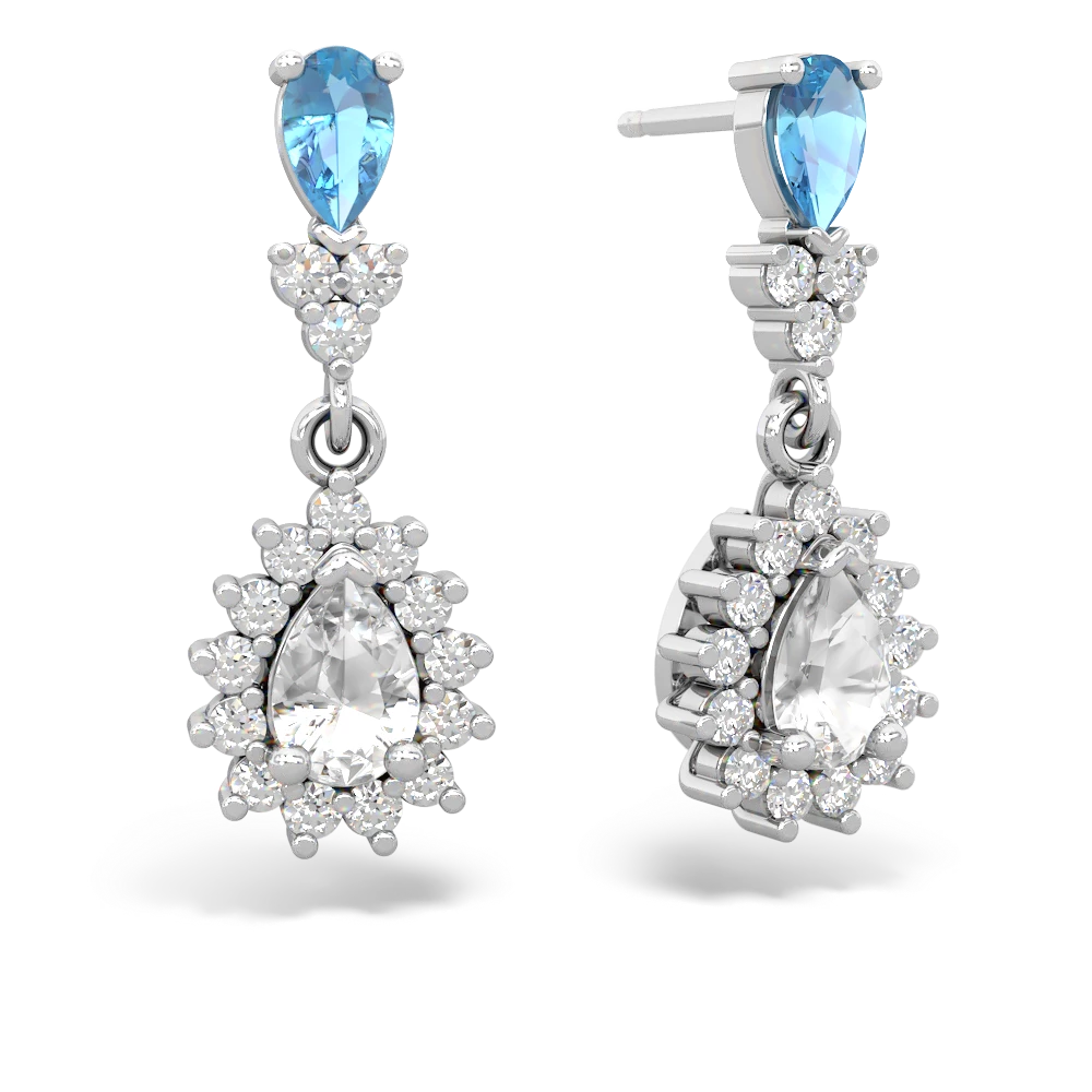 Blue Topaz Halo Pear Dangle 14K White Gold earrings E1882