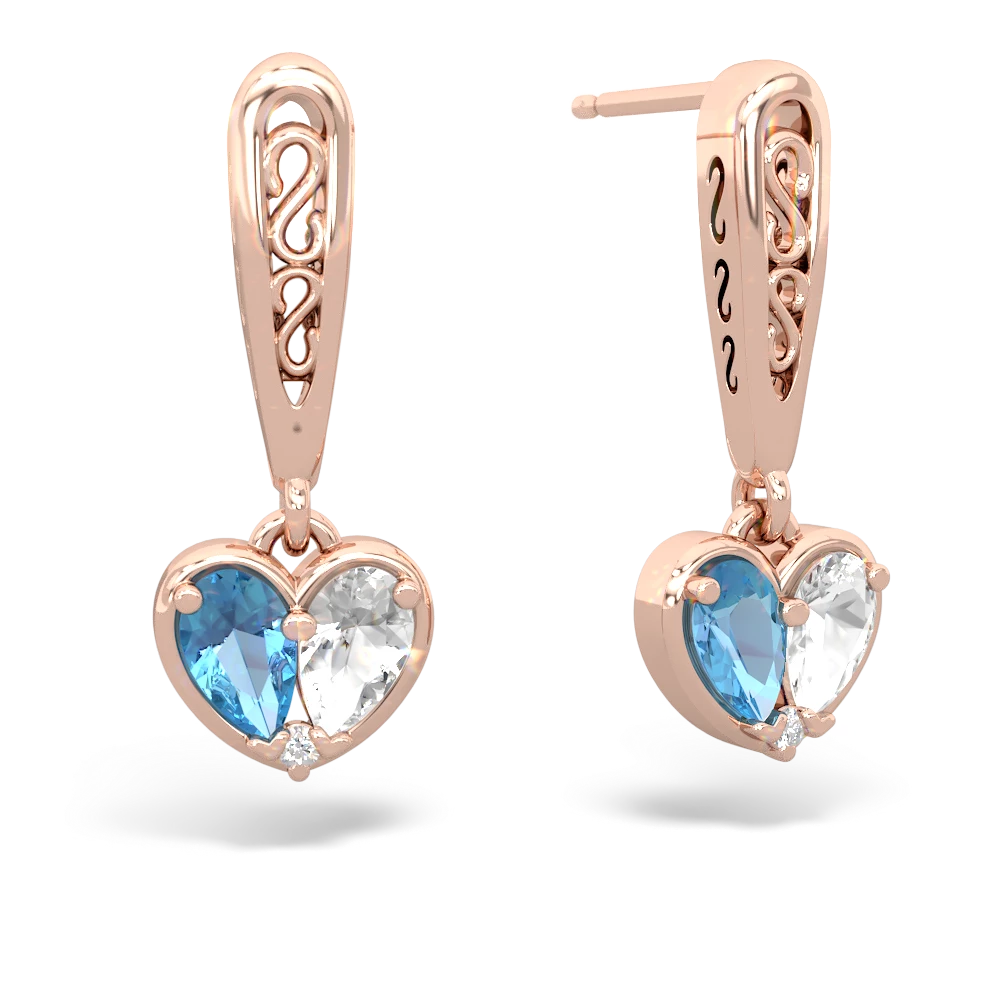 Blue Topaz Filligree Heart 14K Rose Gold earrings E5070