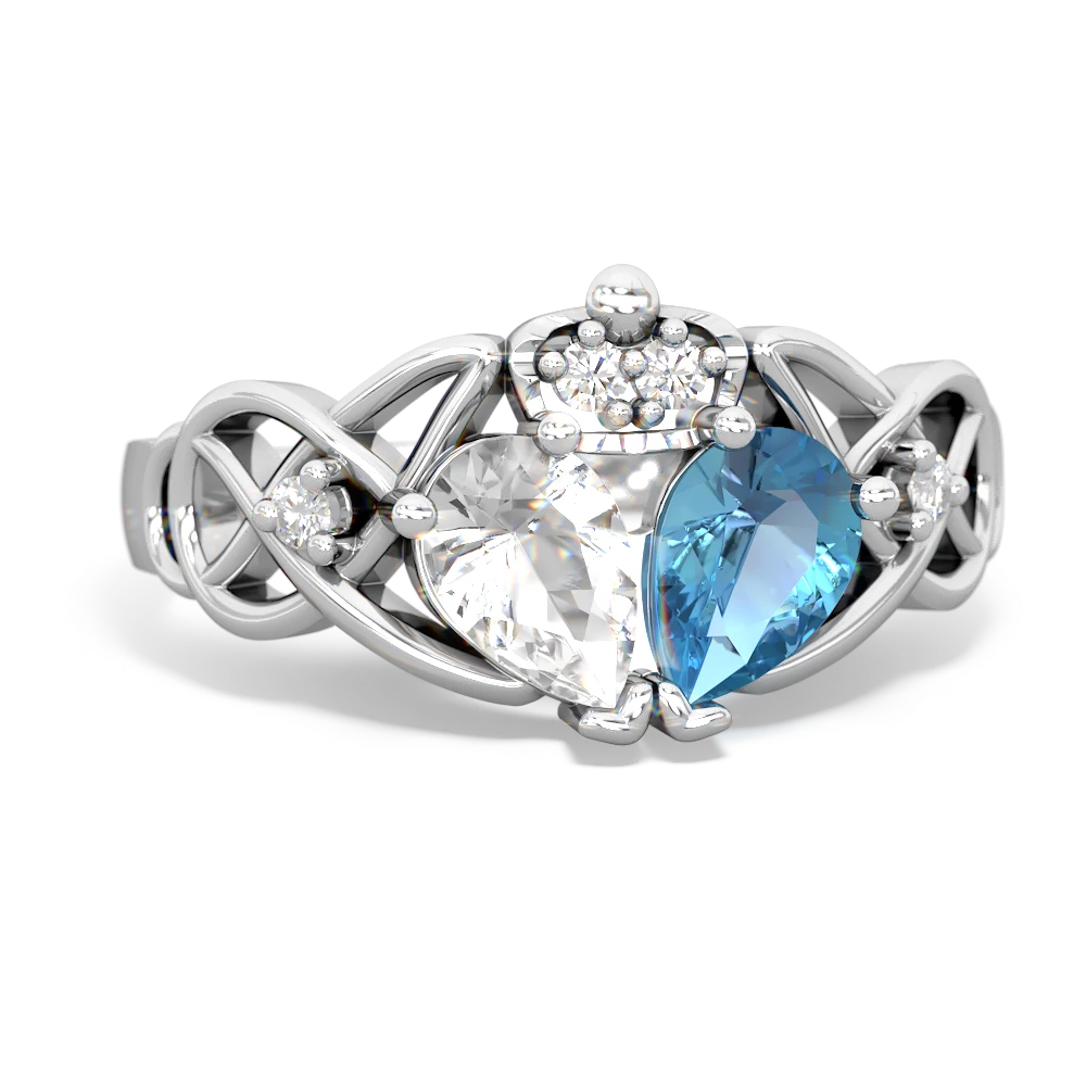 Blue Topaz 'One Heart' Celtic Knot Claddagh 14K White Gold ring R5322