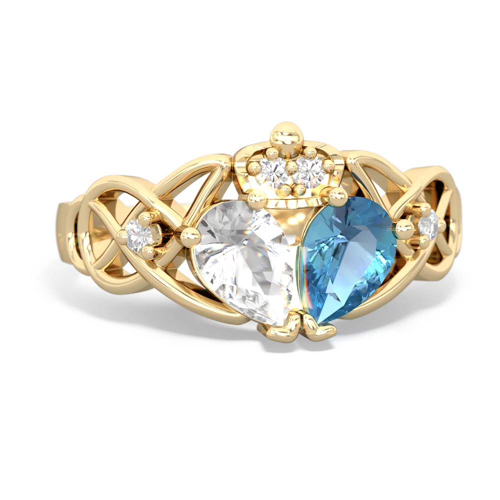 Blue Topaz 'One Heart' Celtic Knot Claddagh 14K Yellow Gold ring R5322