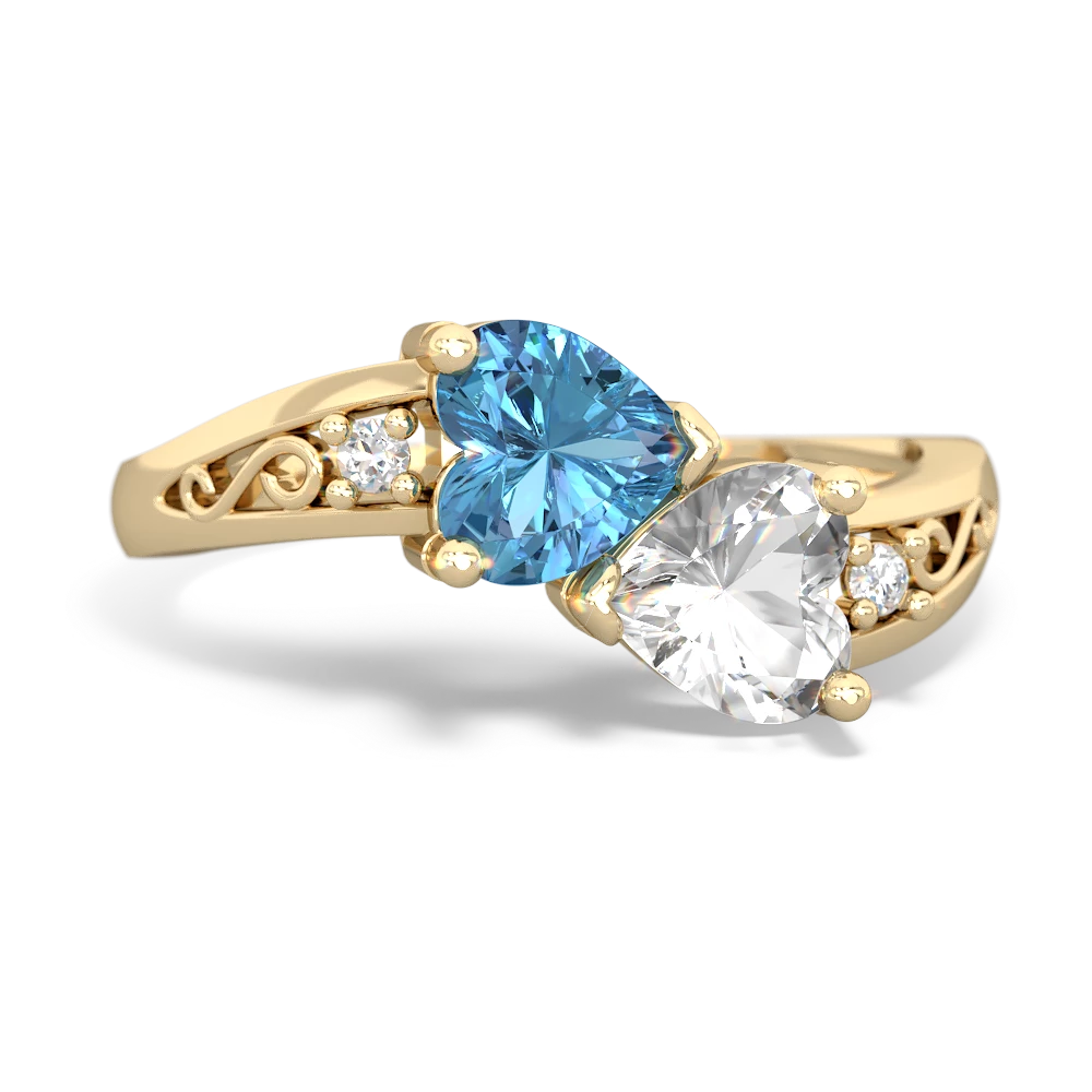 Blue Topaz Snuggling Hearts 14K Yellow Gold ring R2178