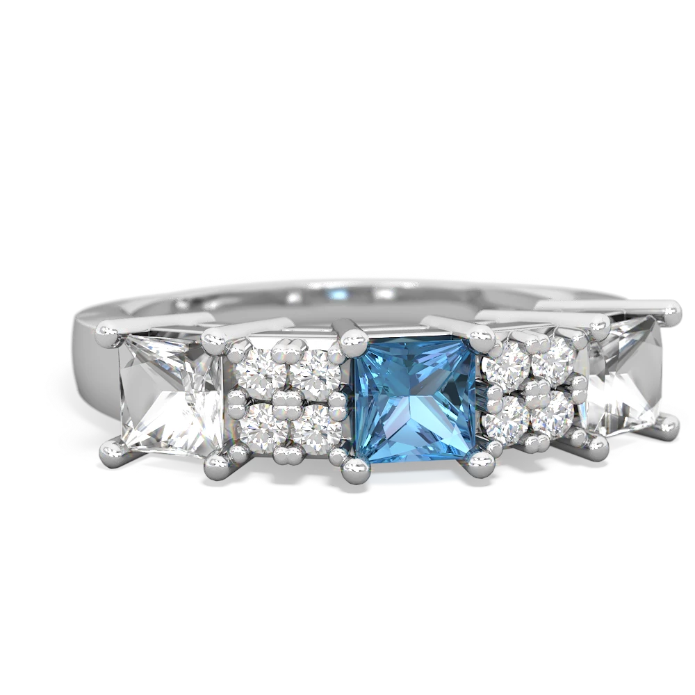 Blue Topaz Three Stone Diamond Cluster 14K White Gold ring R2592