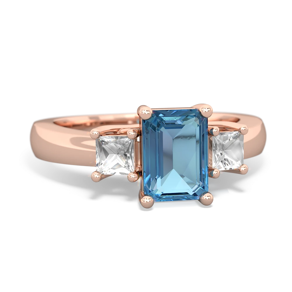 Blue Topaz Three Stone Emerald-Cut Trellis 14K Rose Gold ring R4021