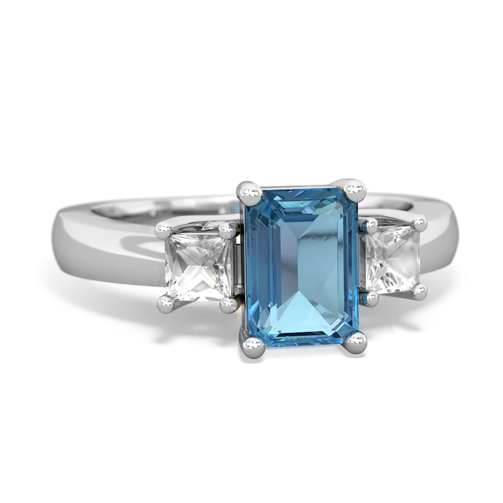 Blue Topaz Three Stone Emerald-Cut Trellis 14K White Gold ring R4021