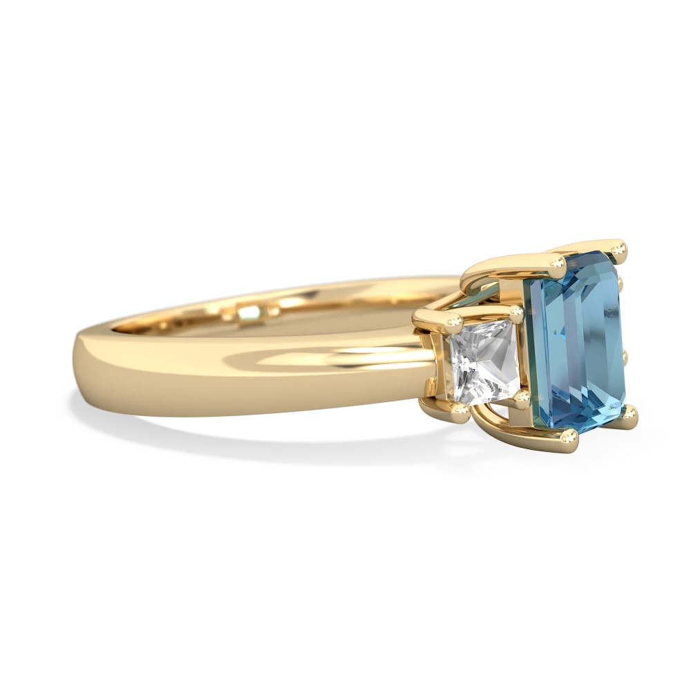 Blue Topaz Three Stone Emerald-Cut Trellis 14K Yellow Gold ring R4021