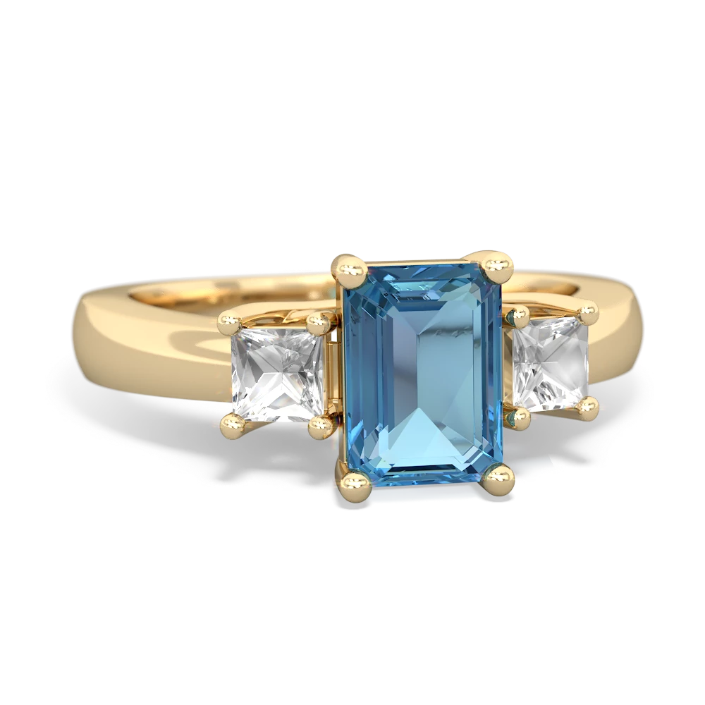 Blue Topaz Three Stone Emerald-Cut Trellis 14K Yellow Gold ring R4021