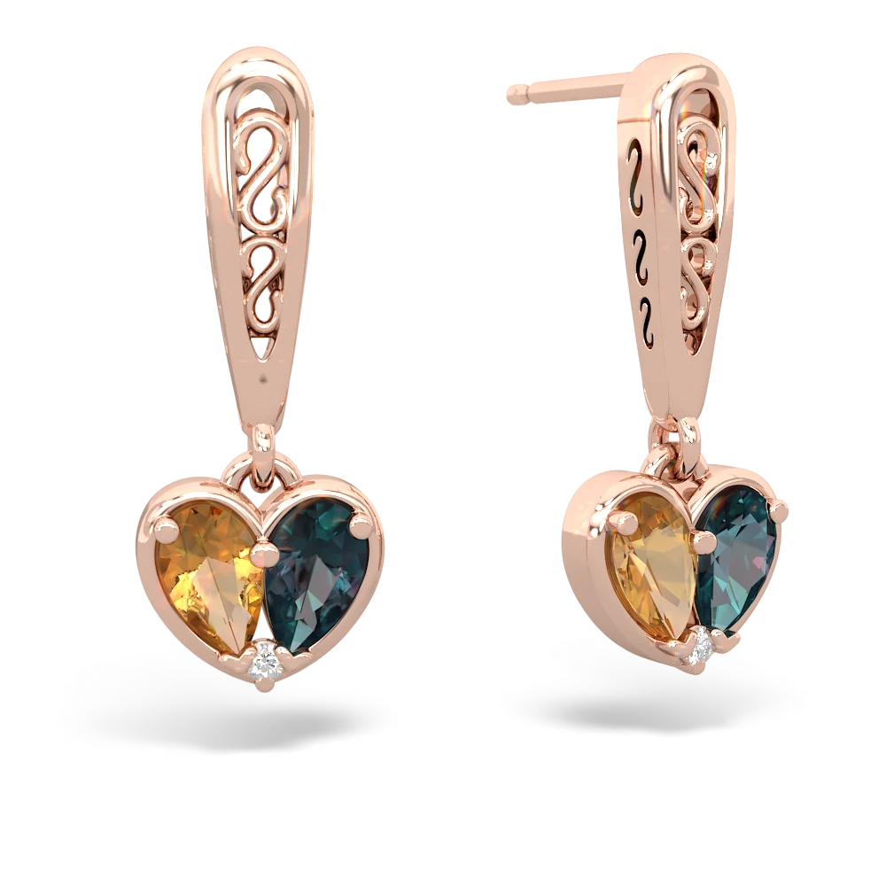 Citrine Filligree Heart 14K Rose Gold earrings E5070