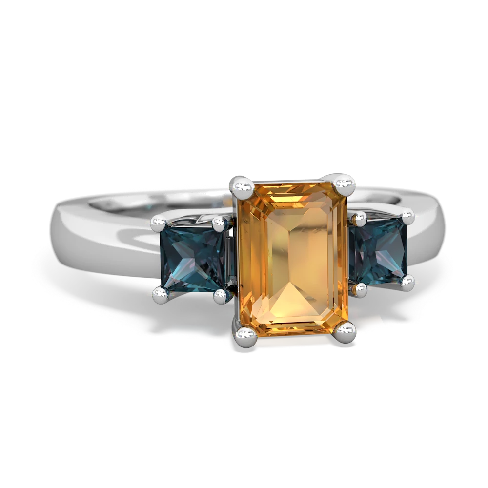 Citrine Three Stone Emerald-Cut Trellis 14K White Gold ring R4021