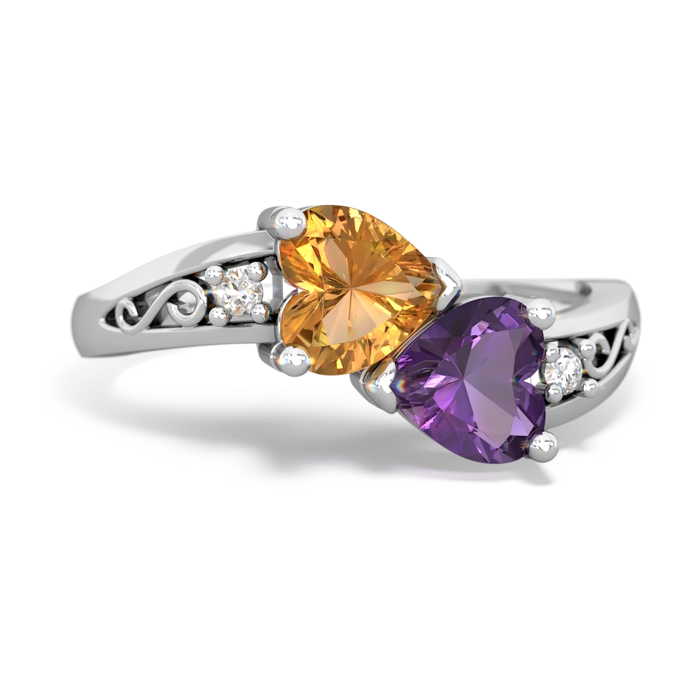 Citrine Snuggling Hearts 14K White Gold ring R2178