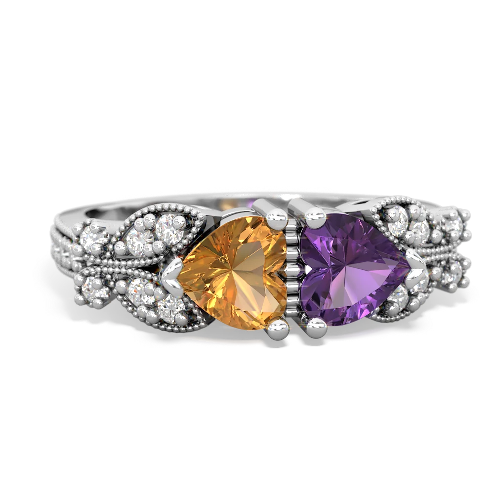 Citrine Diamond Butterflies 14K White Gold ring R5601