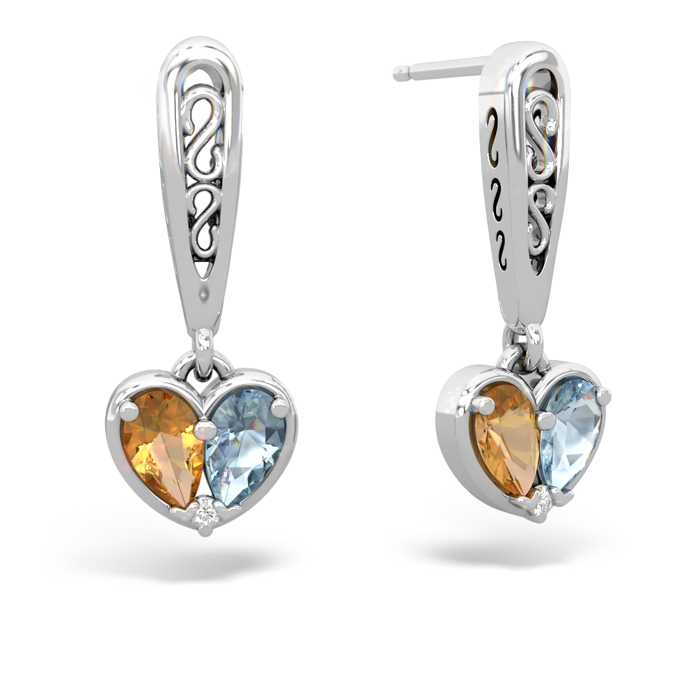 Citrine Filligree Heart 14K White Gold earrings E5070