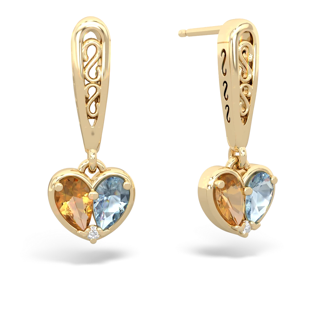 Citrine Filligree Heart 14K Yellow Gold earrings E5070