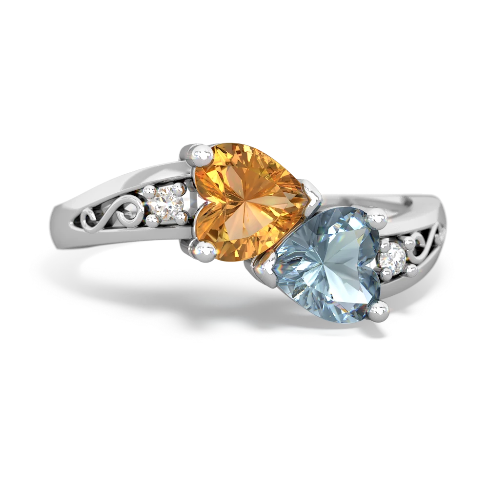 Citrine Snuggling Hearts 14K White Gold ring R2178