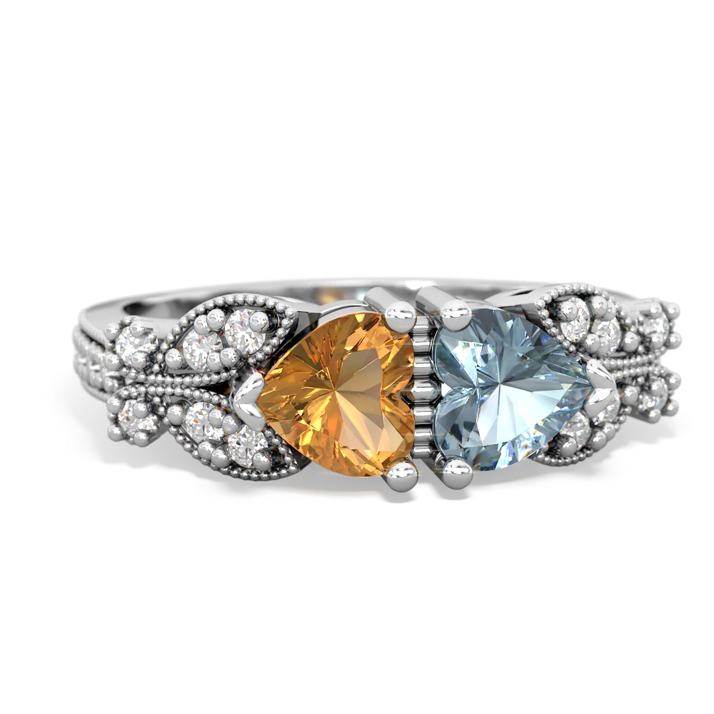 Citrine Diamond Butterflies 14K White Gold ring R5601