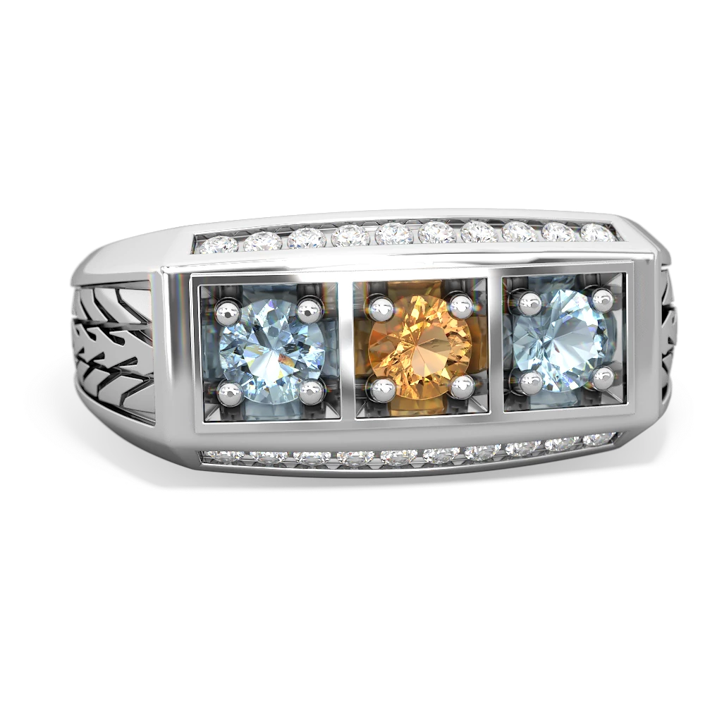 Citrine Three Stone Tire Tread Men's 14K White Gold ring R0520