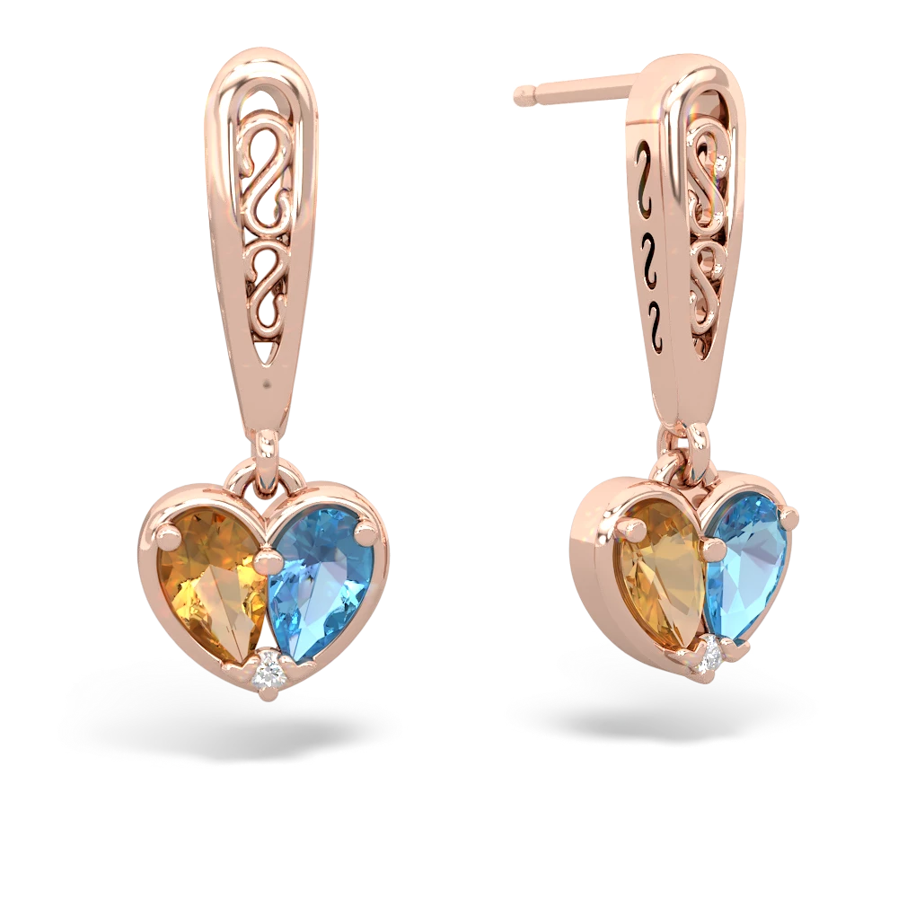 Citrine Filligree Heart 14K Rose Gold earrings E5070