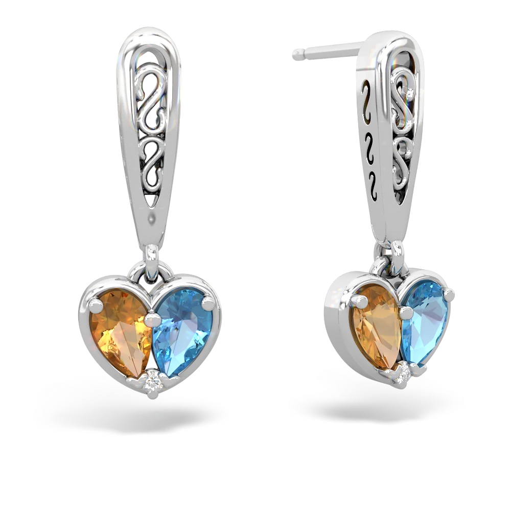 Citrine Filligree Heart 14K White Gold earrings E5070