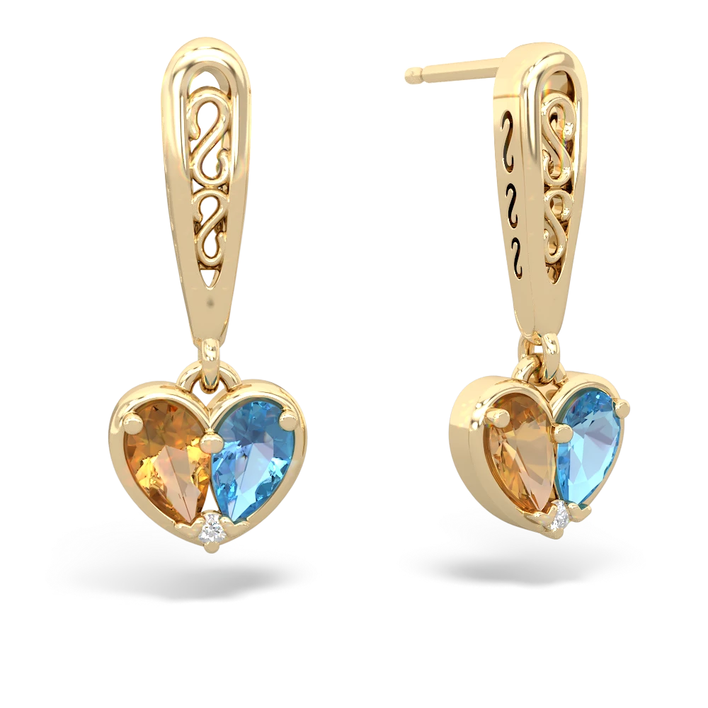 Citrine Filligree Heart 14K Yellow Gold earrings E5070