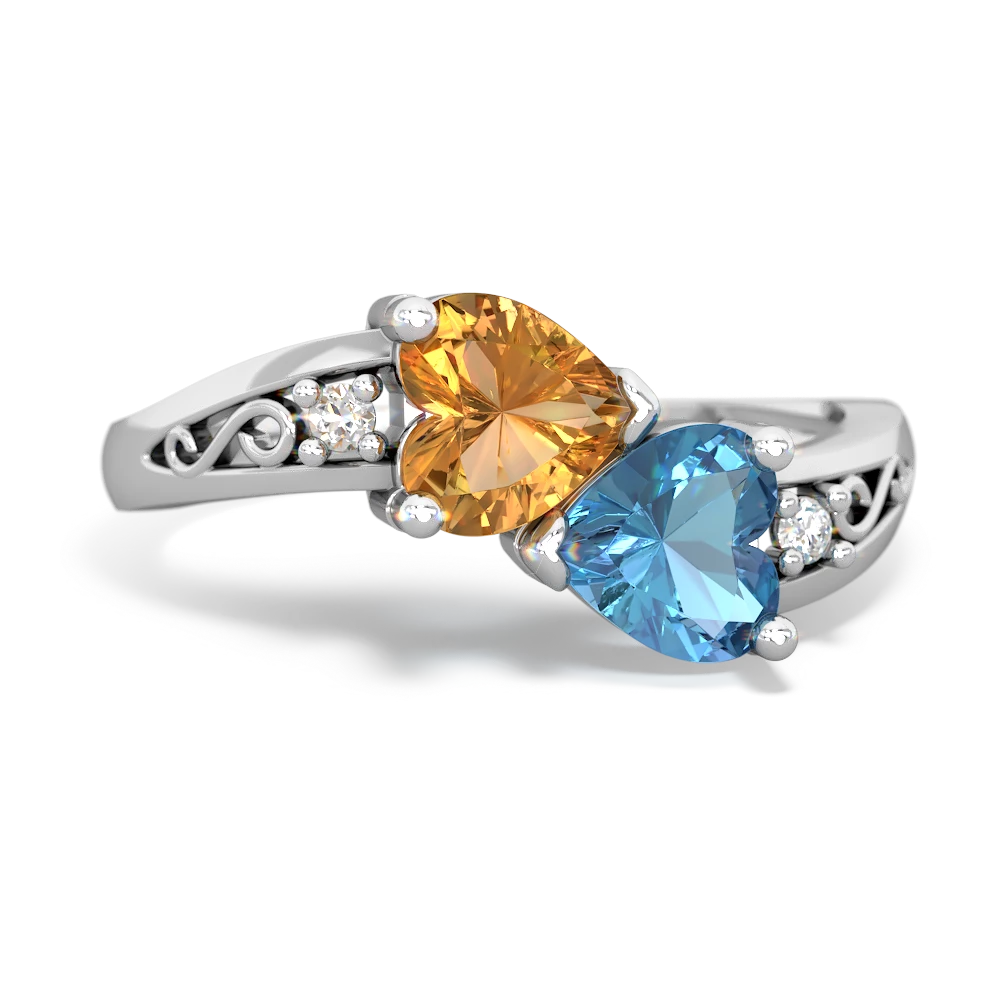 Citrine Snuggling Hearts 14K White Gold ring R2178