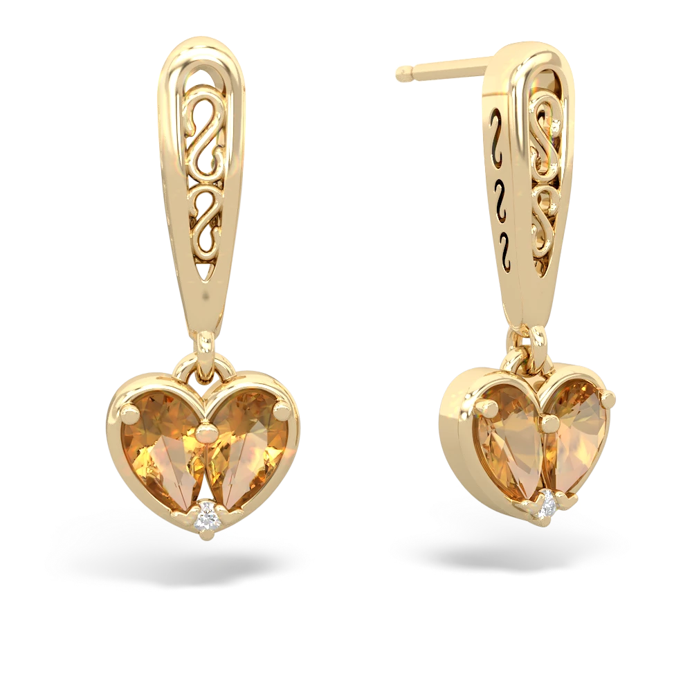 Citrine Filligree Heart 14K Yellow Gold earrings E5070